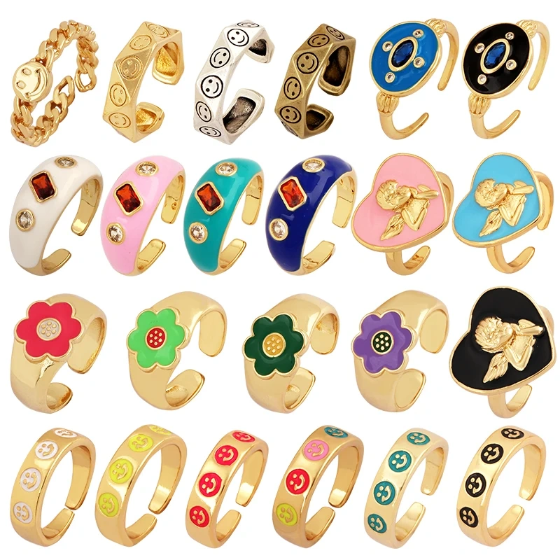 Fashion Romantic Sweet Flower  Happy Face Angel Finger Ring,18K Gold Plated Zircon Open Adjustable Rings Jewelry Findings P17