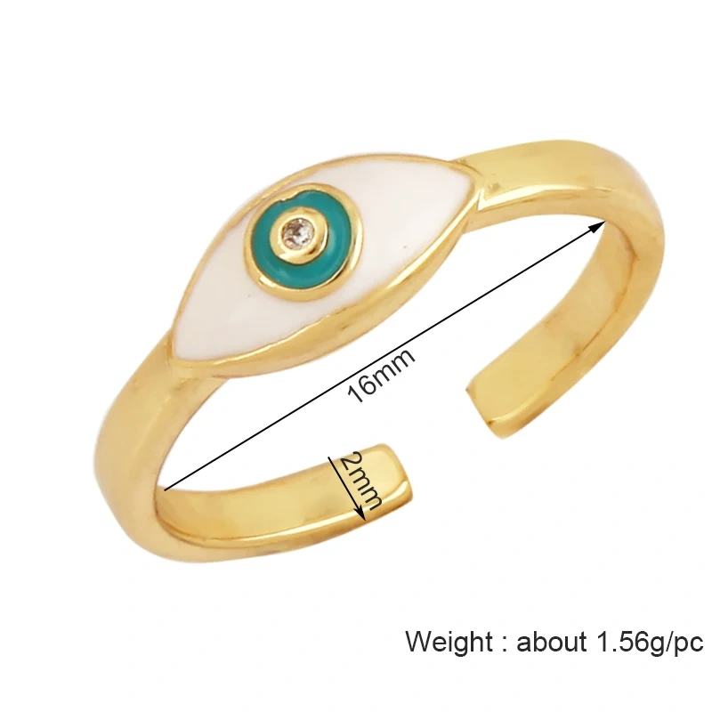 New Colorful Enamel Coated Zircon Finger Ring,Unique Eye Brass 18K Gold Plated Open Adjustable Rings Jewelry Findings Supply P34