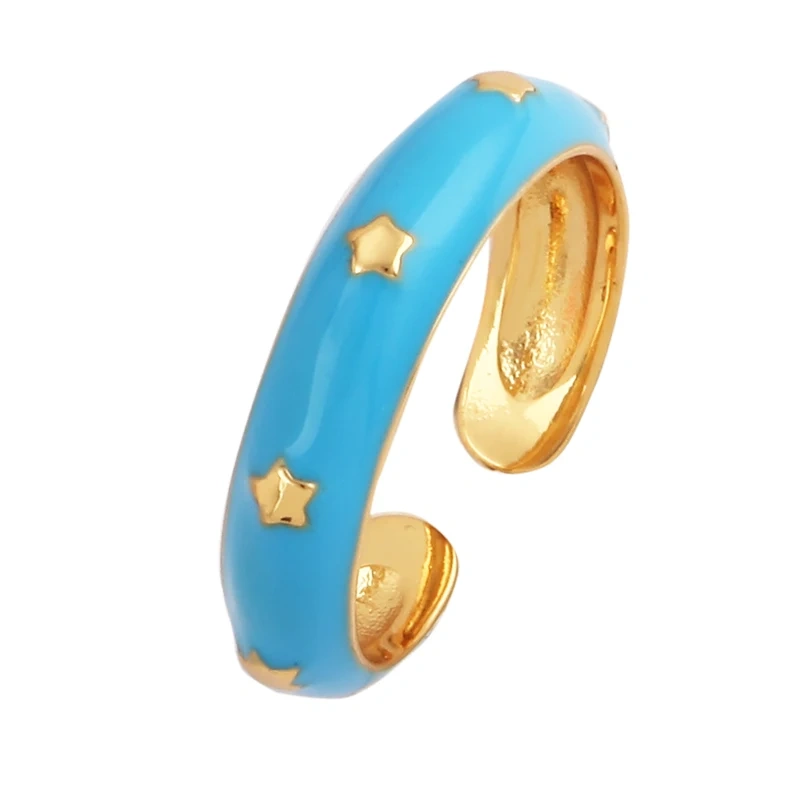 Trendy Star Moon 18K Gold Plated Finger Ring,Colourful Enamel Coated Zircon Open Adjustable Rings Jewelry Findings Supplies P34
