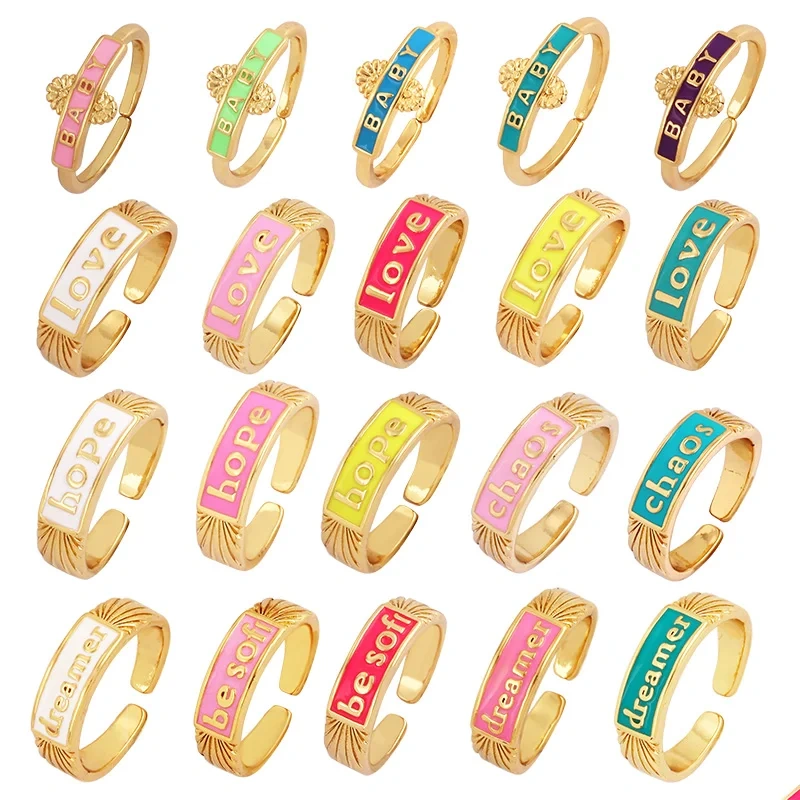 BABY LOVE HOPE DREAMER CHAOS Letter Charm Finger Ring,Colourful Enamel Coated Open Adjustable Rings Jewelry Findings Supplies