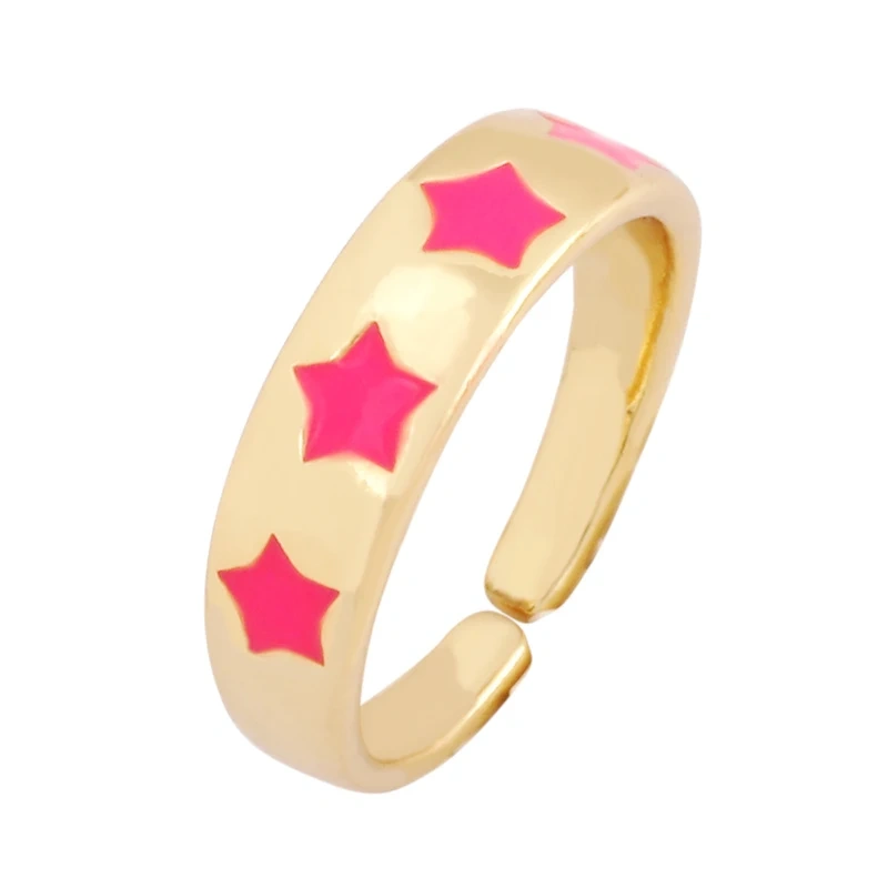 Trendy Star Moon 18K Gold Plated Finger Ring,Colourful Enamel Coated Zircon Open Adjustable Rings Jewelry Findings Supplies P34