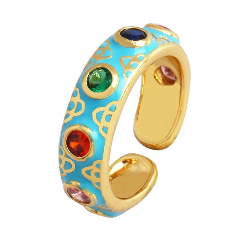 New Colorful Enamel Coated Zircon Finger Ring,Unique Eye Brass 18K Gold Plated Open Adjustable Rings Jewelry Findings Supply P34