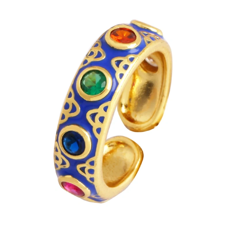 New Colorful Enamel Coated Zircon Finger Ring,Unique Eye Brass 18K Gold Plated Open Adjustable Rings Jewelry Findings Supply P34
