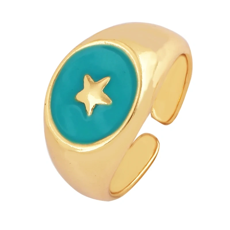 Trendy Star Moon 18K Gold Plated Finger Ring,Colourful Enamel Coated Zircon Open Adjustable Rings Jewelry Findings Supplies P34