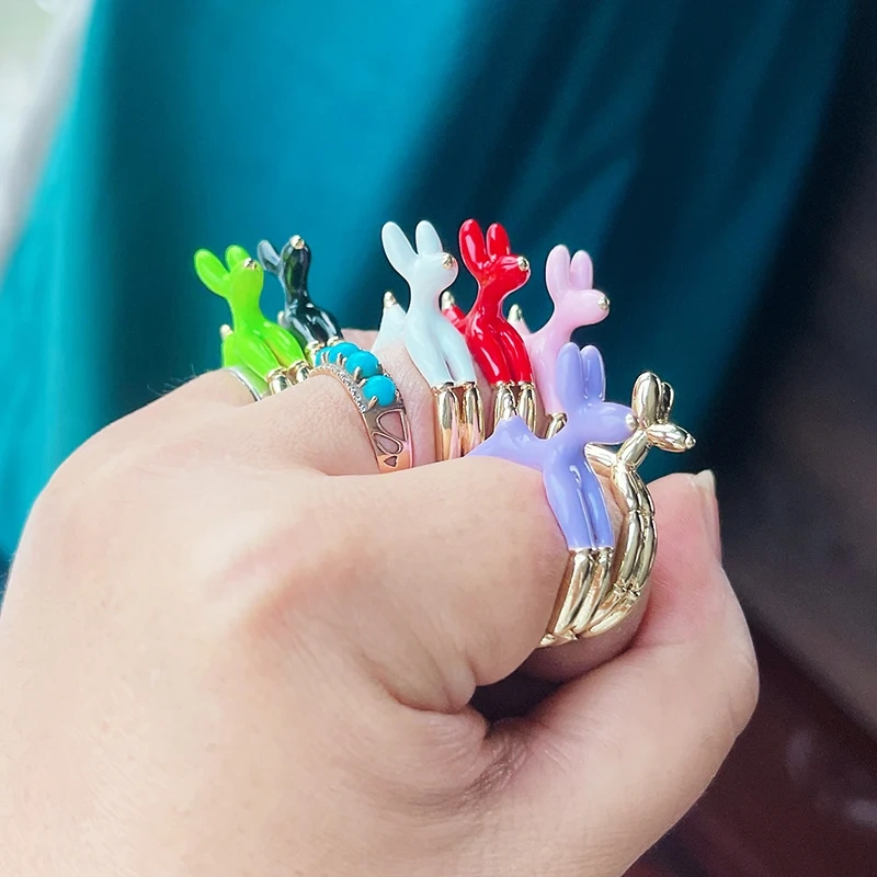 Ballon Dog Pet Puppy Enamel Finger Ring, Neon Pink Orange Blue Pendant Oil Dropped, Sweet  Party Jewelry Wholesale P03