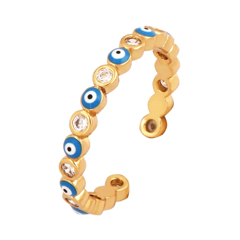 New Colorful Enamel Coated Zircon Finger Ring,Unique Eye Brass 18K Gold Plated Open Adjustable Rings Jewelry Findings Supply P34