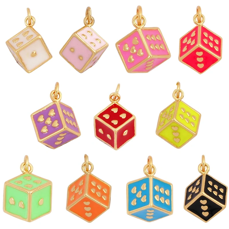 Trendy Colourful Enamel Love Heart Dice Charm Pendant,18K Gold Plated Necklace Bracelet for Jewelry Findings Daily Supplies K34