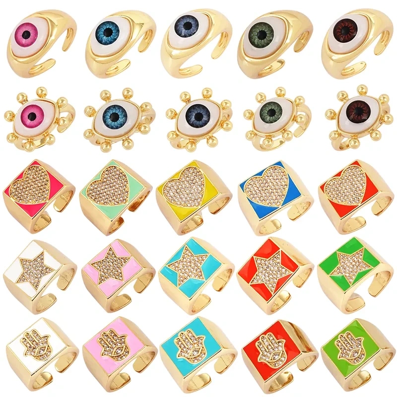 Trendy Colourful Enamel Coated Zircon Finger Ring,Eye Hand Heart Star Pattern Gold Plated Rings Jewelry Findings Supplies P32