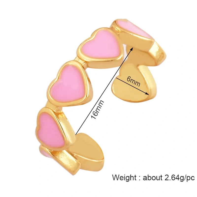 Love Heart Shape 18K Gold Plated Finger Ring,Colourful Enamel Coated Zircon Open Adjustable Rings Jewelry Findings Supplies P34