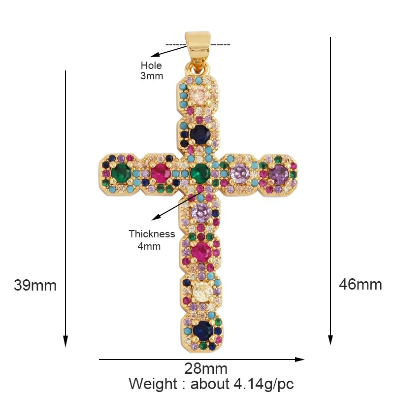 Cross Religious Style Charm Pendant,Gold Plated Inlaid Colorful Cubic Zirconia Jewelry Necklace Bracelet Accessories Supply M51