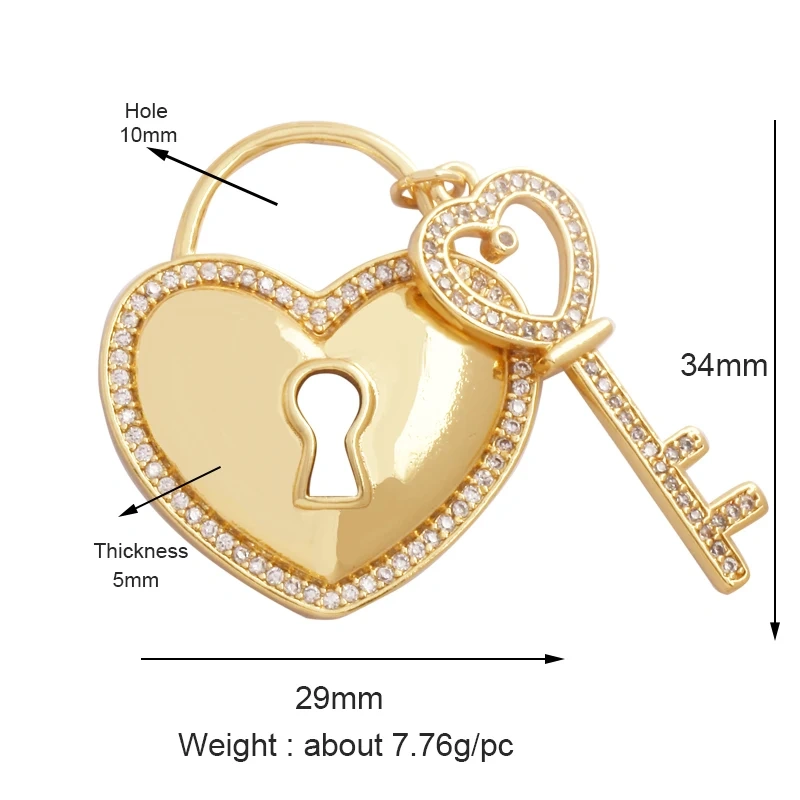 Love Heart Pearl Zircon 18K Gold Plated Colorful Lock Charm Pendant,Necklace Bracelet Handmaking DIY Jewelry Findings Supply M65
