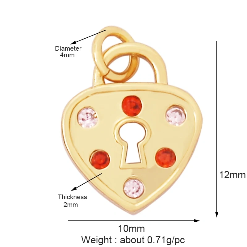 Love Heart Pearl Zircon 18K Gold Plated Colorful Lock Charm Pendant,Necklace Bracelet Handmaking DIY Jewelry Findings Supply M65