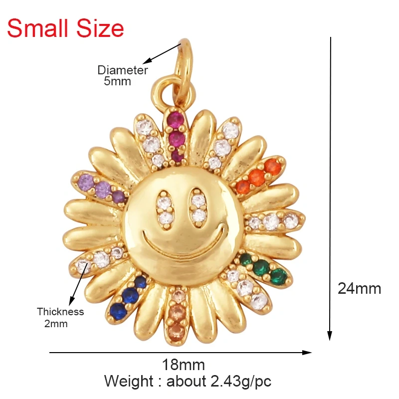 Trendy Rainbow Sun Happy Face Round Lemon Mushroom Charm Pendant,18K Gold Plated Zircon Necklace Bracelet Handmade Jewelry L24