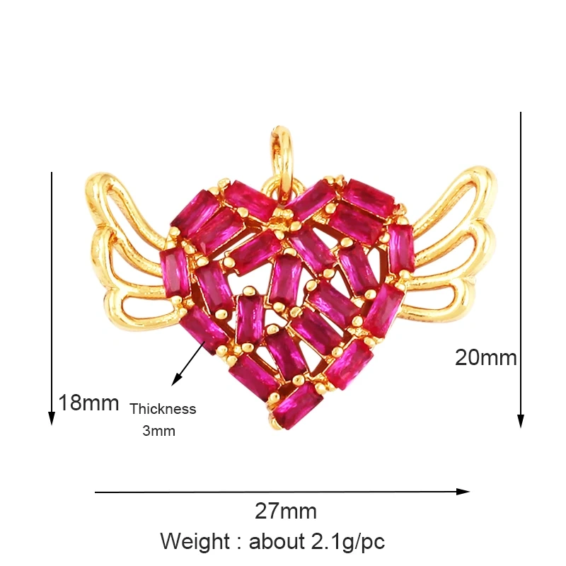 Colour Rainbow CZ Heart Wing Charm Pendant,Cubic Zirconia Paved Pink Blue,18K Real Gold Plated Colour,Craft jewelry Supplies L38