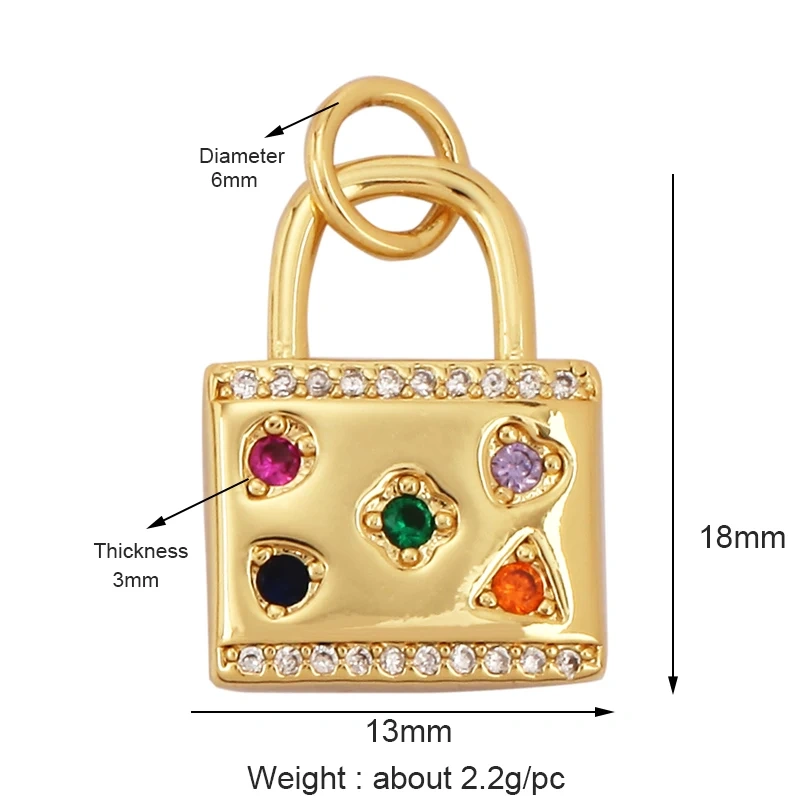 Love Heart Pearl Zircon 18K Gold Plated Colorful Lock Charm Pendant,Necklace Bracelet Handmaking DIY Jewelry Findings Supply M65