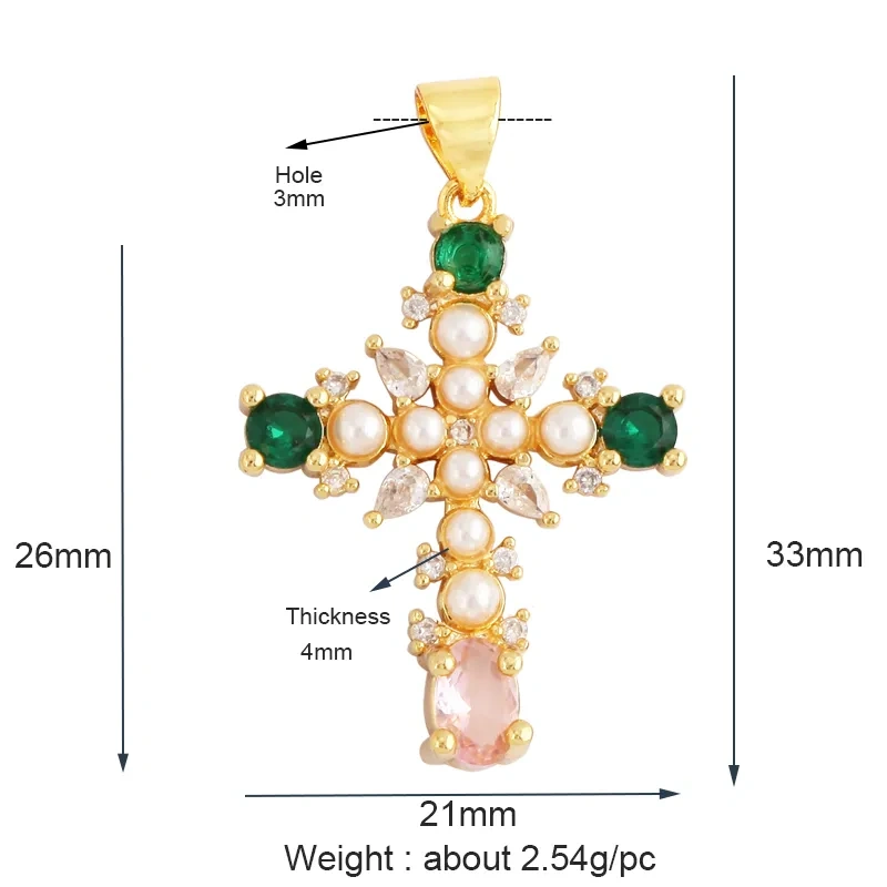 Religions Gold Plated Rainbow Cubic Zirconia CZ Paved Pearl Cross Charm Pendant,Jewelry Necklace Bracelet Accessories Supply M51
