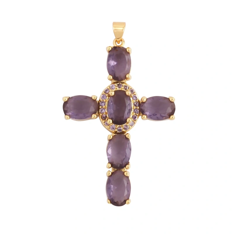 Cross Religious Style Charm Pendant,Gold Plated Inlaid Colorful Cubic Zirconia Jewelry Necklace Bracelet Accessories Supply M51