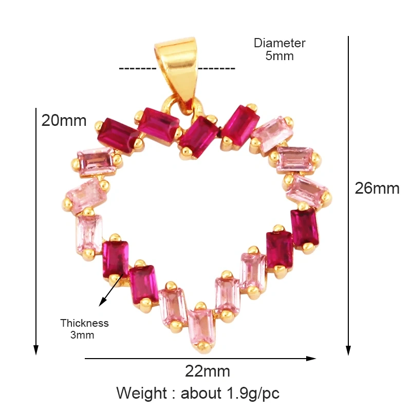 Colour Rainbow CZ Heart Wing Charm Pendant,Cubic Zirconia Paved Pink Blue,18K Real Gold Plated Colour,Craft jewelry Supplies L38