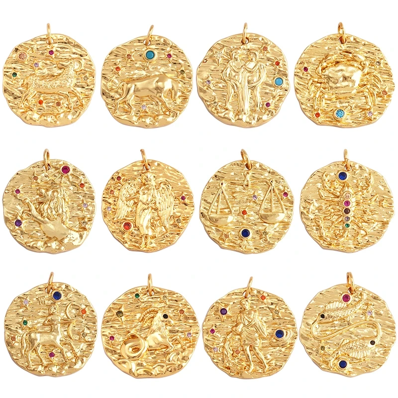 Trendy Zodiac Horoscope Sign Medallion Charm Pendant,Round Coin Gold Plated Sparkle Necklace Bracelet Jewelry Making Supply L92