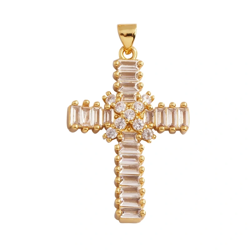 Cross Religious Style Charm Pendant,Gold Plated Inlaid Colorful Cubic Zirconia Jewelry Necklace Bracelet Accessories Supply M51