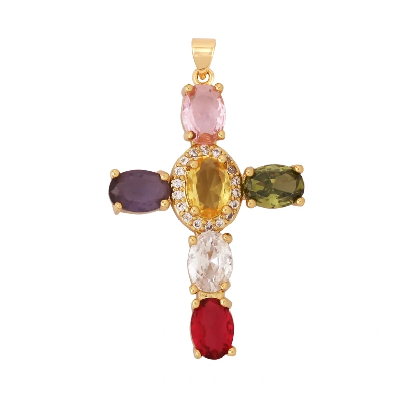 Cross Religious Style Charm Pendant,Gold Plated Inlaid Colorful Cubic Zirconia Jewelry Necklace Bracelet Accessories Supply M51