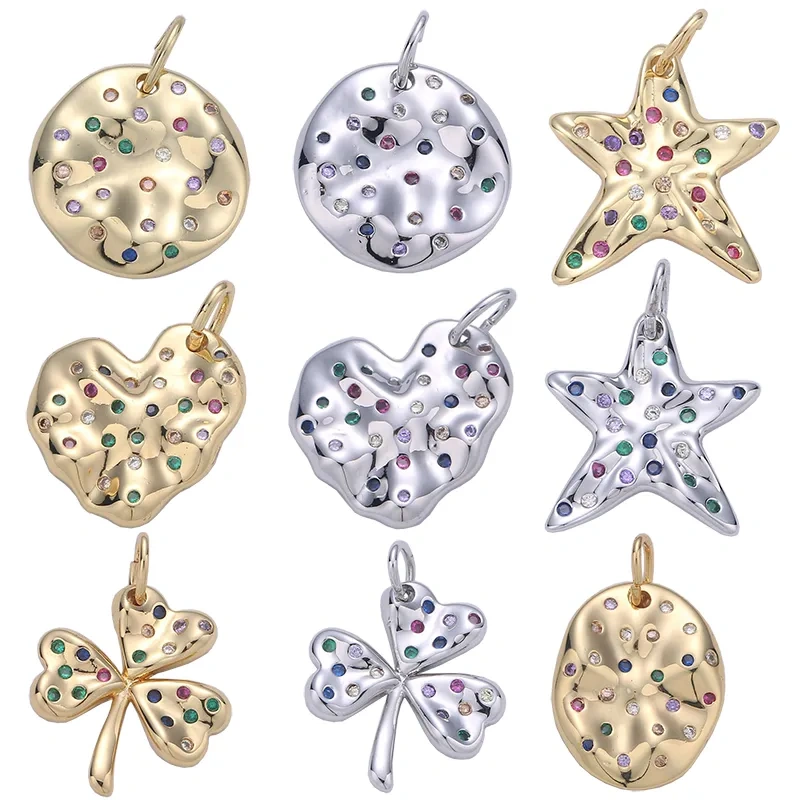 Rustic Geometric Round Oval Star Heart Clover Charm Micro Pave Multi Color Rainbow Cubic Zirconia CZ Stone Jewelry Finding L13