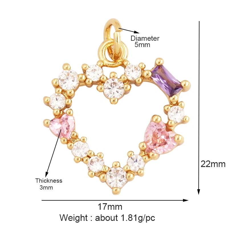 Classics Love Heart Cubic Zirconia Charm Pendant,Fashion Heart Shape Hollow 18K Gold Plated Colourful Craft Jewelry Supply L38