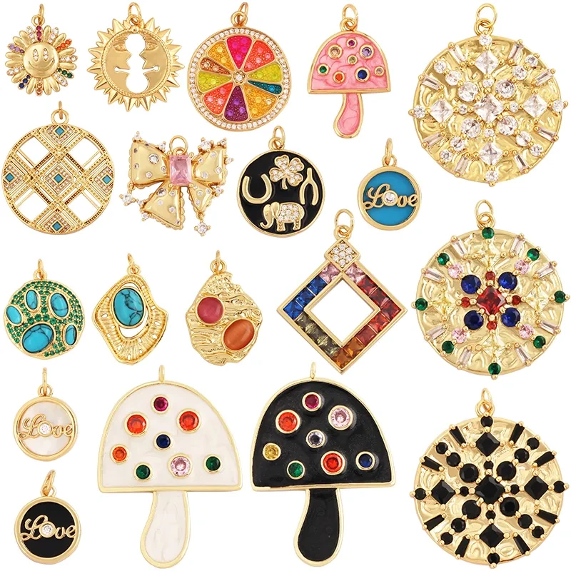 Trendy Rainbow Sun Happy Face Round Lemon Mushroom Charm Pendant,18K Gold Plated Zircon Necklace Bracelet Handmade Jewelry L24