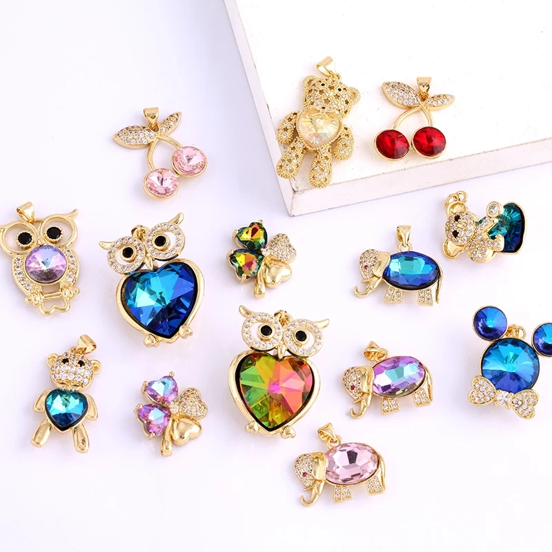Bear Mouse Elephant Owl Clover Cherry Transparent Crystal Glass Charm Pendant, Animal Jewelry Craft Necklace Making Supplies M45