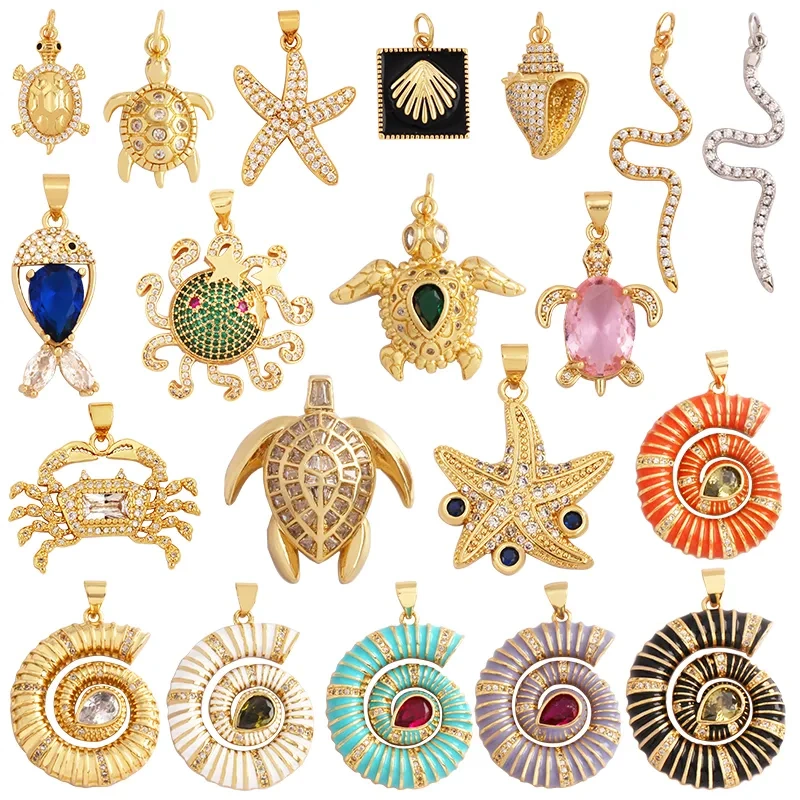 Marine Sea Nautilus Turtle Starfish Octopus Conch Crab Shell Snake Charm Pendant,Gold Plated Zircon Jewelry Findings Supply M67