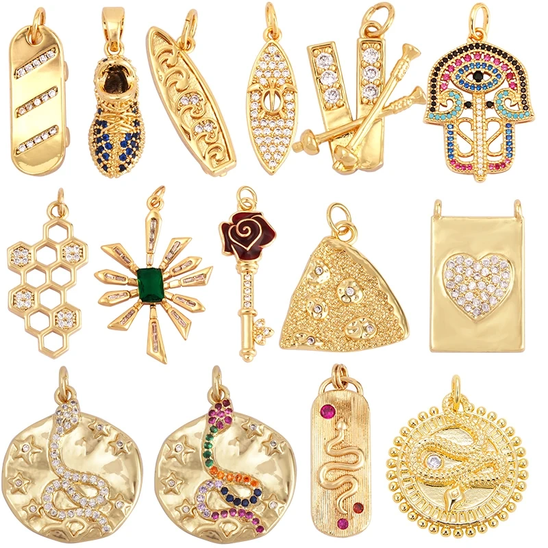 Sports Sneakers Skis Surfboard Key Flower Cubic Zirconia CZ Paved Charm,18K Real Gold Plated Colour , Craft Jewelry Supplies L87