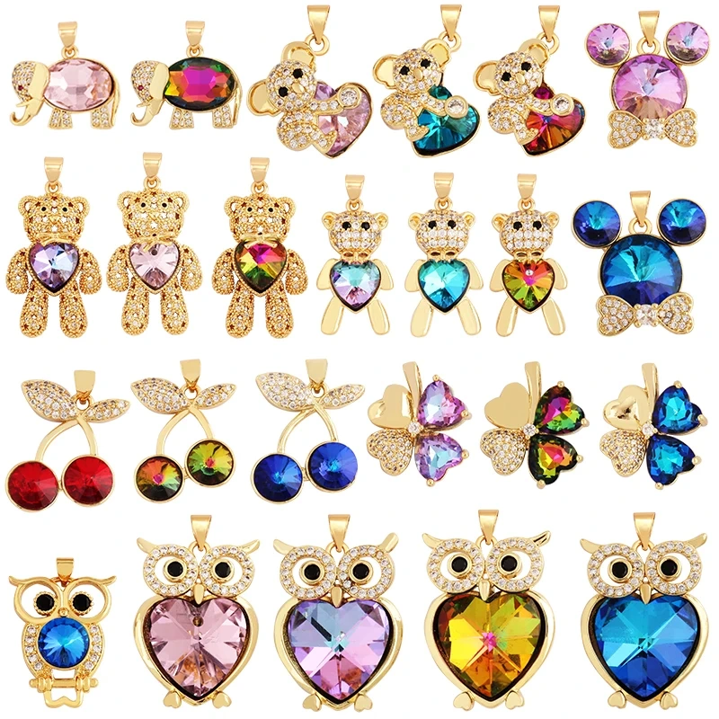 Bear Mouse Elephant Owl Clover Cherry Transparent Crystal Glass Charm Pendant, Animal Jewelry Craft Necklace Making Supplies M45