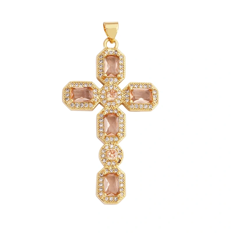 Religions Gold Plated Rainbow Cubic Zirconia CZ Paved Pearl Cross Charm Pendant,Jewelry Necklace Bracelet Accessories Supply M51