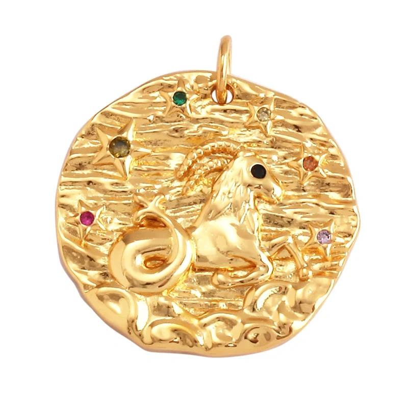 Trendy Zodiac Horoscope Sign Medallion Charm Pendant,Round Coin Gold Plated Sparkle Necklace Bracelet Jewelry Making Supply L92