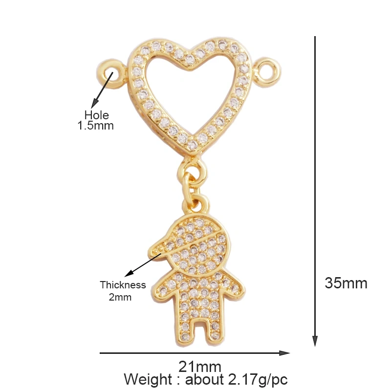 Trendy Love Heart Boy Girl Mama Cubic Zirconia Charm Pendant,18K Gold Necklace Bracelet for DIY Handmade Jewelry Supplies K30