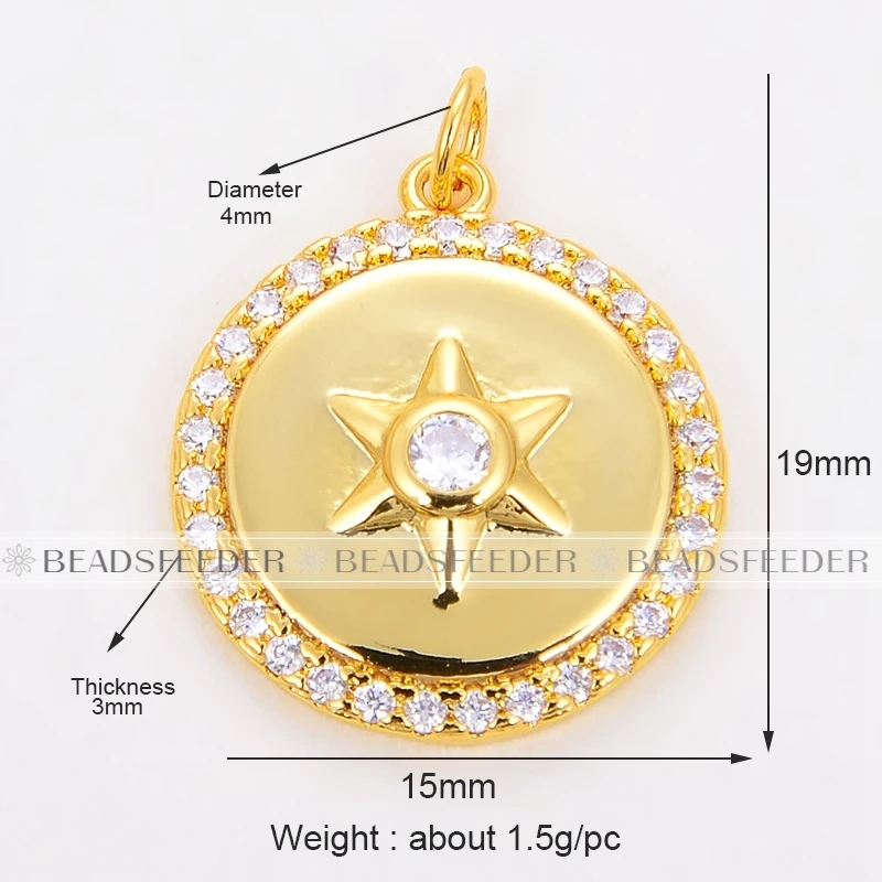 Beadsfeeder Coin Round Moon Sun Star Mini Charm Pendant, Real Gold Colour Plated , Jewelry Supplies L13