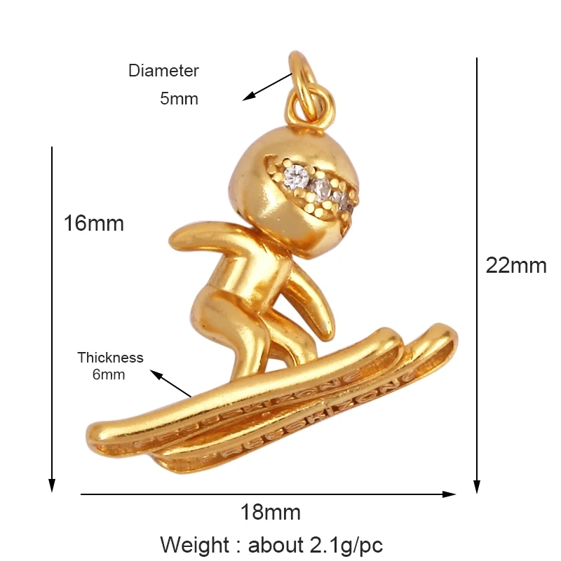 Trendy Sports Sneakers Skis Surfboard Bike Cubic Zirconia CZ Paved Charm Pendant, 18K Gold Necklace Craft Jewelry Supplies M26