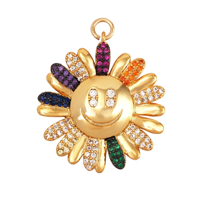 Trendy Rainbow Love Heart Happy Face Sun Charm Pendant,18K Gold Plated Zircon Necklace Bracelet For Handmade Jewelry Supply L21