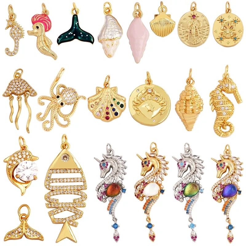 Blue Ocean Shell Jellyfish Conch Dolphin Sea Horse Fish Bone Shrimp Charm Pendant,Gold Plated Zircon Jewelry Findings Supply M67