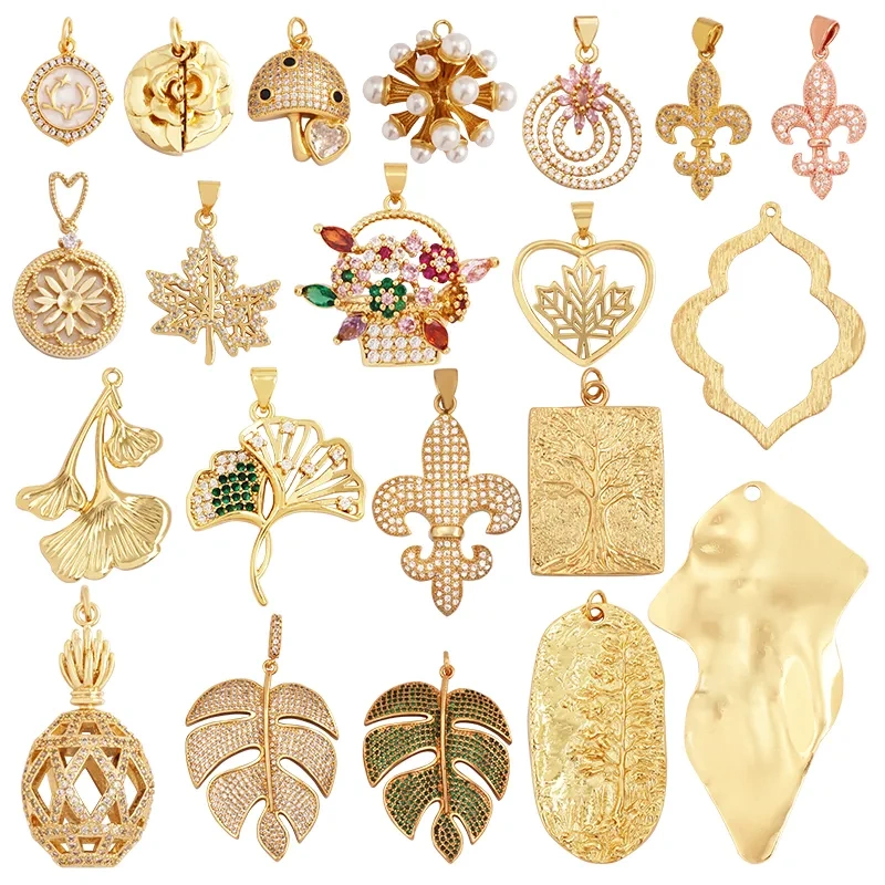 Unique Rose Flower Maple Leaf Big Tree Plant Charm Pendant,18k Gold Zircon Jewelry Findings Necklace Accessories Supplies M67