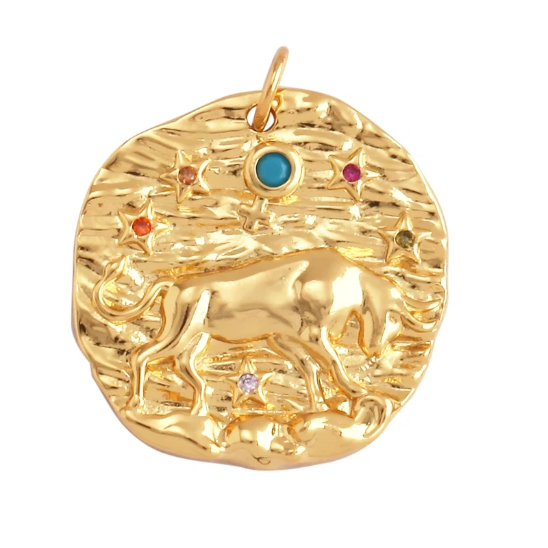 Trendy Zodiac Horoscope Sign Medallion Charm Pendant,Round Coin Gold Plated Sparkle Necklace Bracelet Jewelry Making Supply L92