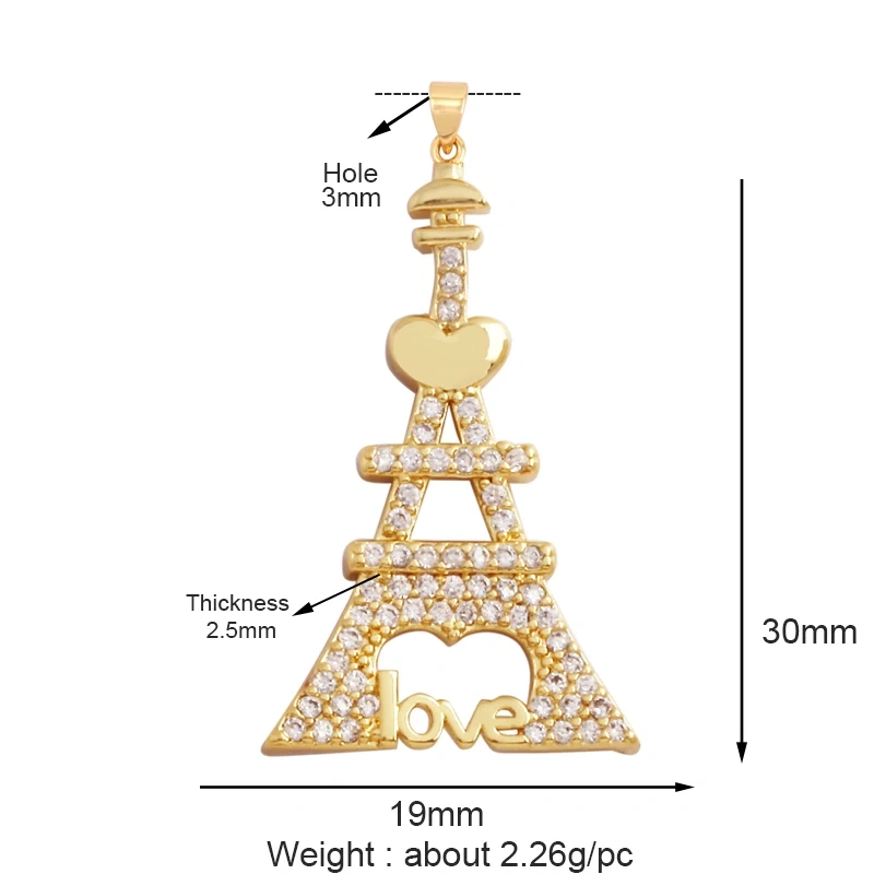 Creative Love Heart Crown Eiffel Tower Zircon Charm Pendant,Geometry 18K Real Gold Plated Jewelry Findings Supplies M64