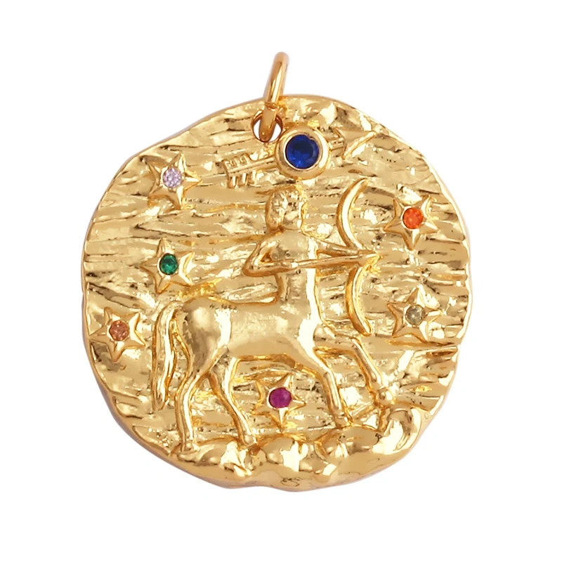 Trendy Zodiac Horoscope Sign Medallion Charm Pendant,Round Coin Gold Plated Sparkle Necklace Bracelet Jewelry Making Supply L92