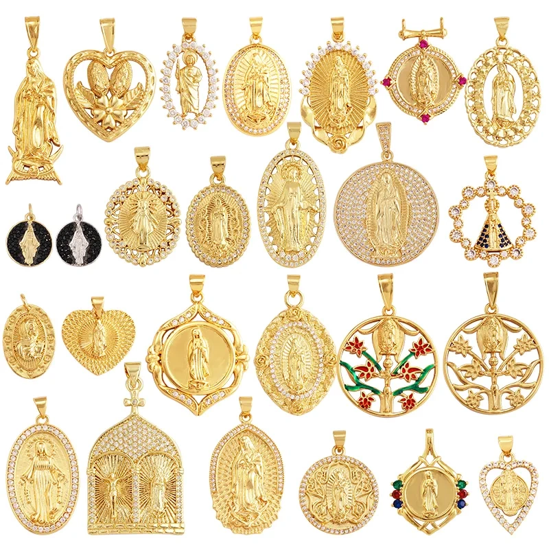 Holy Jesus Virgin Mary Charm Geometry Pendant,Religious 18K Gold Inlaid Cubic Zirconia Jewelry Necklace Accessories Supplies M51