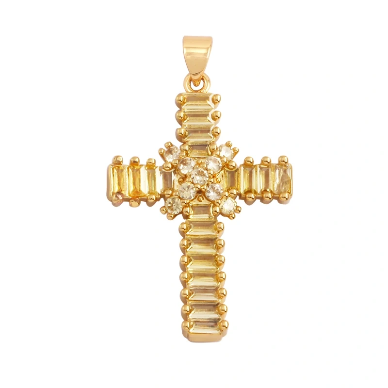 Cross Religious Style Charm Pendant,Gold Plated Inlaid Colorful Cubic Zirconia Jewelry Necklace Bracelet Accessories Supply M51