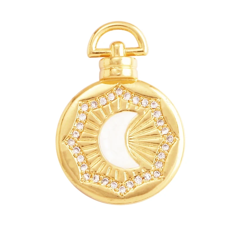 Round Coin Brass Gold Plated Inlaid Shell Chips Star Moon Charm Pendant, Jewelry Necklace Accessories Hand Making Supplies L49
