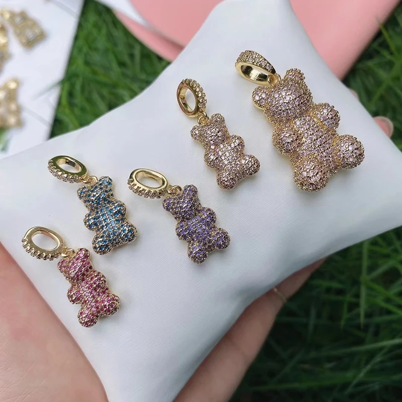 Luxury Fine Inlaid Rainbow Cubic Zironia Charm Pendant,Cute Bear Jewelry Necklace Bracelet Making Wholesale Supplies M85