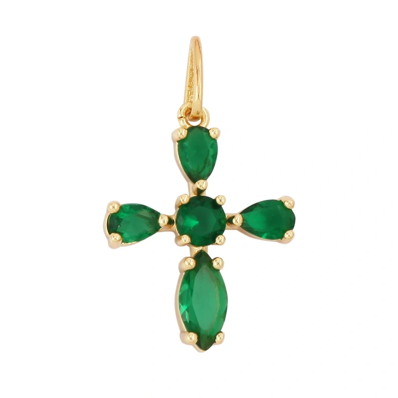 Cross Religious Style Charm Pendant,Gold Plated Inlaid Colorful Cubic Zirconia Jewelry Necklace Bracelet Accessories Supply M51