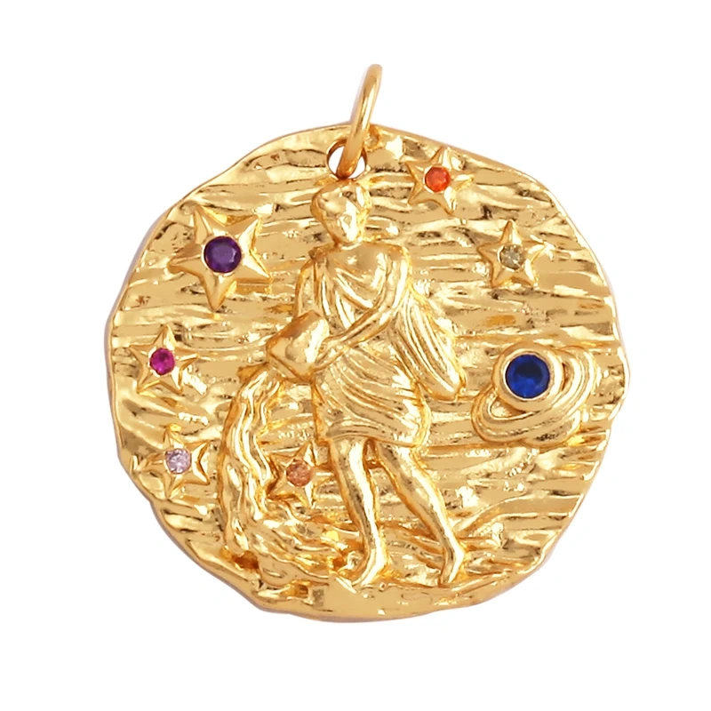Trendy Zodiac Horoscope Sign Medallion Charm Pendant,Round Coin Gold Plated Sparkle Necklace Bracelet Jewelry Making Supply L92