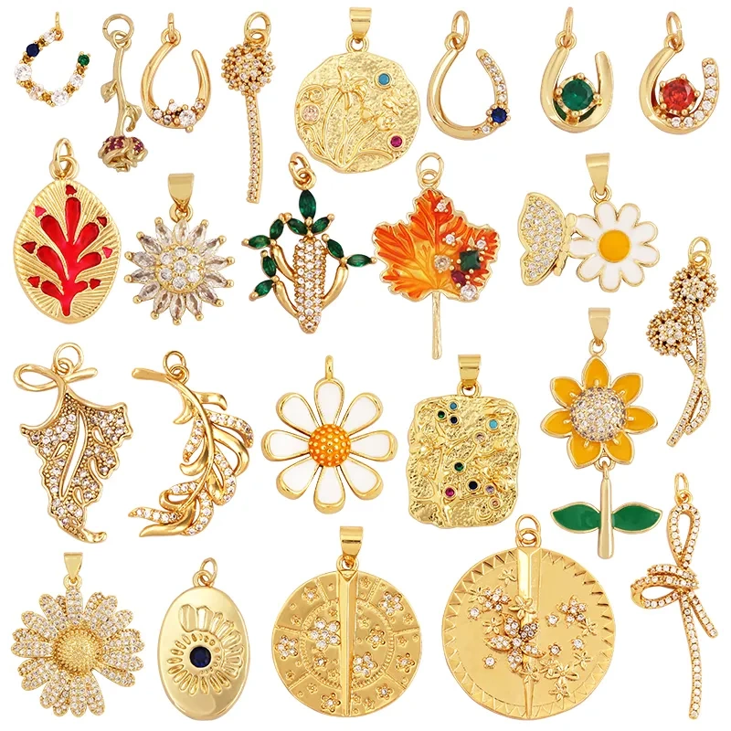 Sweet Colorful Sun Rose Flower Charm Pendant,Trendy 18K Gold Geometry Zircon Necklace Accessories DIY Handy Craft Jewelry L33